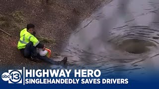 HIGHWAY HERO Faced with flood man singlehandedly saves motorists [upl. by Ayhay432]