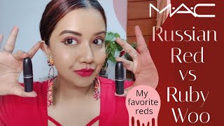 Mac Ruby woo vs Russian Red  Best red lipsticks of MAC  Red lipstick for Indian skin tone [upl. by Nosnev]