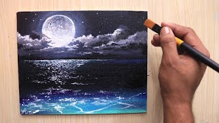 Acrylic painting of beautiful Moonlight night sky landscape step by step [upl. by Ispep]