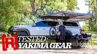 Yakima group test HighRoad bike carrier Major Shady 270 degree awning amp StreamLine roof racks [upl. by Ennaecarg327]