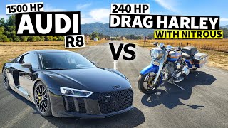 1500hp Audi R8 races 240hp Harley Drag Bike… with Nitrous [upl. by Ylil]