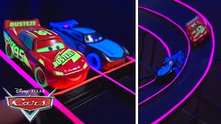 Lightning McQueen and Jackson Storm Challenge the Glowing Racetrack  Pixar Cars [upl. by Nal]