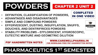 Powders complete  Chapter 2 Unit 2  Pharmaceutics 1 b pharmacy 1 semester  Carewell Pharma [upl. by Eniamraj]