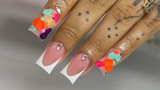 French W 3D Acrylic Flowers  French Nails  Acrylic 3D Flowers  Rhinestone Nails [upl. by Ursi433]