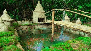 Building most beautiful fishpond with Four bamboo waterwheel producing oxygen to red fish [upl. by Holmann]