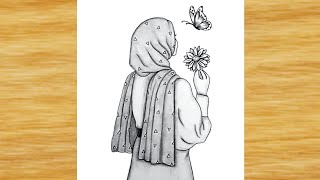 A Beautiful girl wearing Hijab  Pencil drawing  Hijab girl drawing Girl holding flower Drawing [upl. by Eimoan]