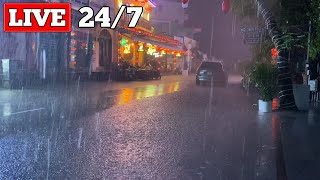 Night Storm Rain at Bustling Restaurant  Heavy Rain amp Strong Winds with Thunder Sounds for Sleeping [upl. by Anahsat]