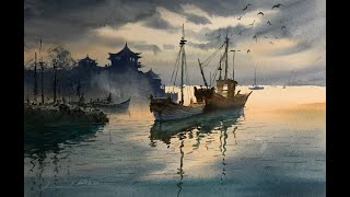 A simple method to paint seascape with watercolor [upl. by Nyvar]