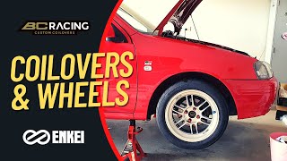 Installing BC Racing coilovers amp Enkei RPF1 on the Starlet [upl. by Leahcimed]