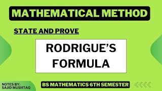 State and Prove Rodrigues Formula for Legendres Polynomial  Mathematical Method [upl. by Moulton51]