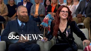 Nick Offerman and Megan Mullally talk The Greatest Love Story Ever Told [upl. by Onaireves]