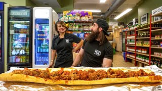 WIN 50 CASH IF YOU CAN FINISH THIS GIANT MEATBALL SUB IN CHICAGO  BeardMeatsFood [upl. by Itsirc689]