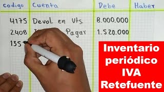 Contabilización de DEVOLUCIÓN en VENTAS en Inventario Periódico con IVA y RETEFUENTE [upl. by Ahsasal]