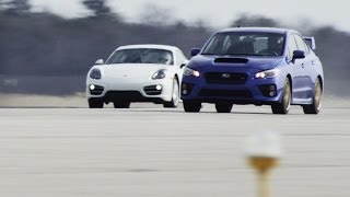 2015 Subaru WRX STI vs 2014 Porsche Cayman  STANDING MILE [upl. by Zandra]