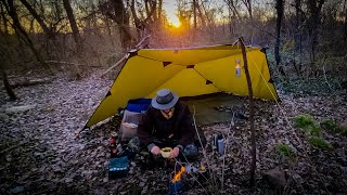 SOLO Bushcraft Camp  Oilskin Tarp Bushcraft Spain  Beginning a Wooden Knife Sheath  Camp Cooking [upl. by Soneson]