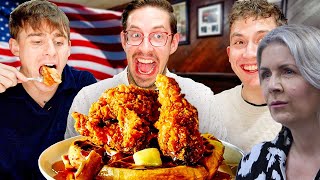 Brits try Chicken and Waffles with Try Guy Keith British Family React [upl. by Mady]