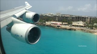 Wing view KLM 747 Landing at St Maarten [upl. by Afatsum527]