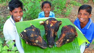 GOAT HEADS CURRY  Goat Heads Recipe Cooking and Eating in Village  Village Fun Cooking [upl. by Dnomyar792]