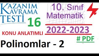 10 Sınıf  Kazanım Testi 16  Polinomlar 2  MEB  2022 2023  Matematik  PDF  TYT  AYT [upl. by Erinna]