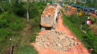 Super Komatsu Bulldozer Clearing Land And Building Road With Hyundai Dump Trucks Dumping Rocks [upl. by Donadee]