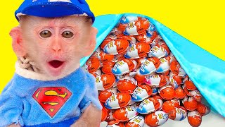 Baby Monkey KiKi go harvest Kinder Joy eggs and eat pizza so yummy Coco Monkey [upl. by Enyrat746]