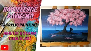 Akrilik boya ile kolay gece ağaç resmi yapma Easy Acrylic Painting for beginners Akrilik eğitim [upl. by Ivett]