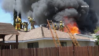 Firefighters Battle Intense House Fire In Reseda [upl. by Aehcsrop]