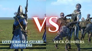 WARHAMMER III Total War  Lothern Sea Guard Shields VS Deck Gunners [upl. by Ierna]