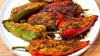 MASALA CHICKPEAS STUFFED PEPPERS  BHARWA MASALA RECIPE VEGAN [upl. by Eikkin]