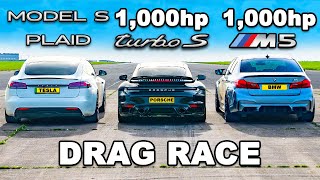 1000hp M5 v 1000hp 911 Turbo v Model S Plaid DRAG RACE [upl. by Airotel]