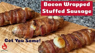 Bacon Wrapped Stuffed Sausage  Easy Tailgating Recipes [upl. by Adamsen192]