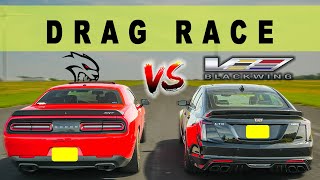 2022 Cadillac CT5V Blackwing vs Dodge Challenger Hellcat the V8 Showdown You Needed Drag Race [upl. by Idna]