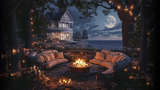 Cozy Fire Pit amp Ocean Sounds  Magical Moonlit Night Ambiance for Relaxation Studying amp Sleep [upl. by Icam]