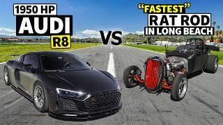 Audi R8 vs Twin Turbo Model T Noprep Drag Race [upl. by Anyalram453]