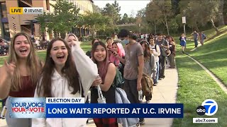 UC Irvine students wait in line for hours to cast their ballots on Election Day [upl. by Annekcm]