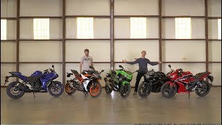 Honda CBR300R vs Kawasaki Ninja 400 vs KTM RC390 vs Suzuki GSX250R vs Yamaha YZFR3  On Two Wheels [upl. by Ahsiem959]