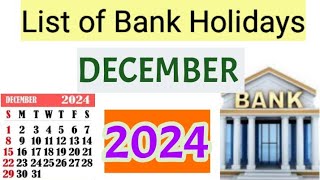 List of Bank holidays December 2024 December 2024 Bank Holidays In India [upl. by Reppart]