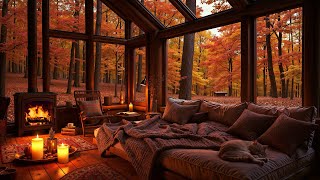 Cozy Autumn Cabin Ambience in the Woods 🍂 Jazz Music amp Fireplace Sounds for Peaceful Sleep [upl. by Cacilie773]