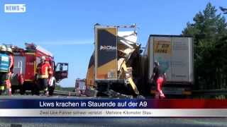 24062014 RH Lkws krachen in Stauende auf der A9 Erste Bilder [upl. by Yelwah]