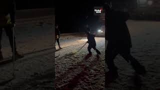 Highway hockey game breaks out in very Canadian moment on shuttered BC road 🏒 [upl. by Ssac]