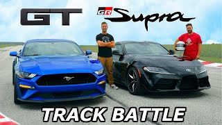 2020 Toyota Supra vs Mustang GT  TRACK REVIEW  DRAG RACE amp LAP TIMES [upl. by Ardnikat310]