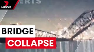 Catastrophic collision Cargo ship causes bridge collapse  7 News Australia [upl. by Hait399]