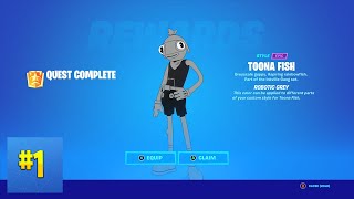 Find Bottles of Robotic Grey in Destroyed Dish  Fortnite Toona Fish Style Quests [upl. by Holna170]