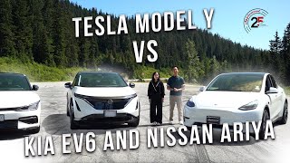 Tesla Model Y VS KIA EV6 amp Nissan ARIYA  EV Showdown [upl. by Oidacra106]